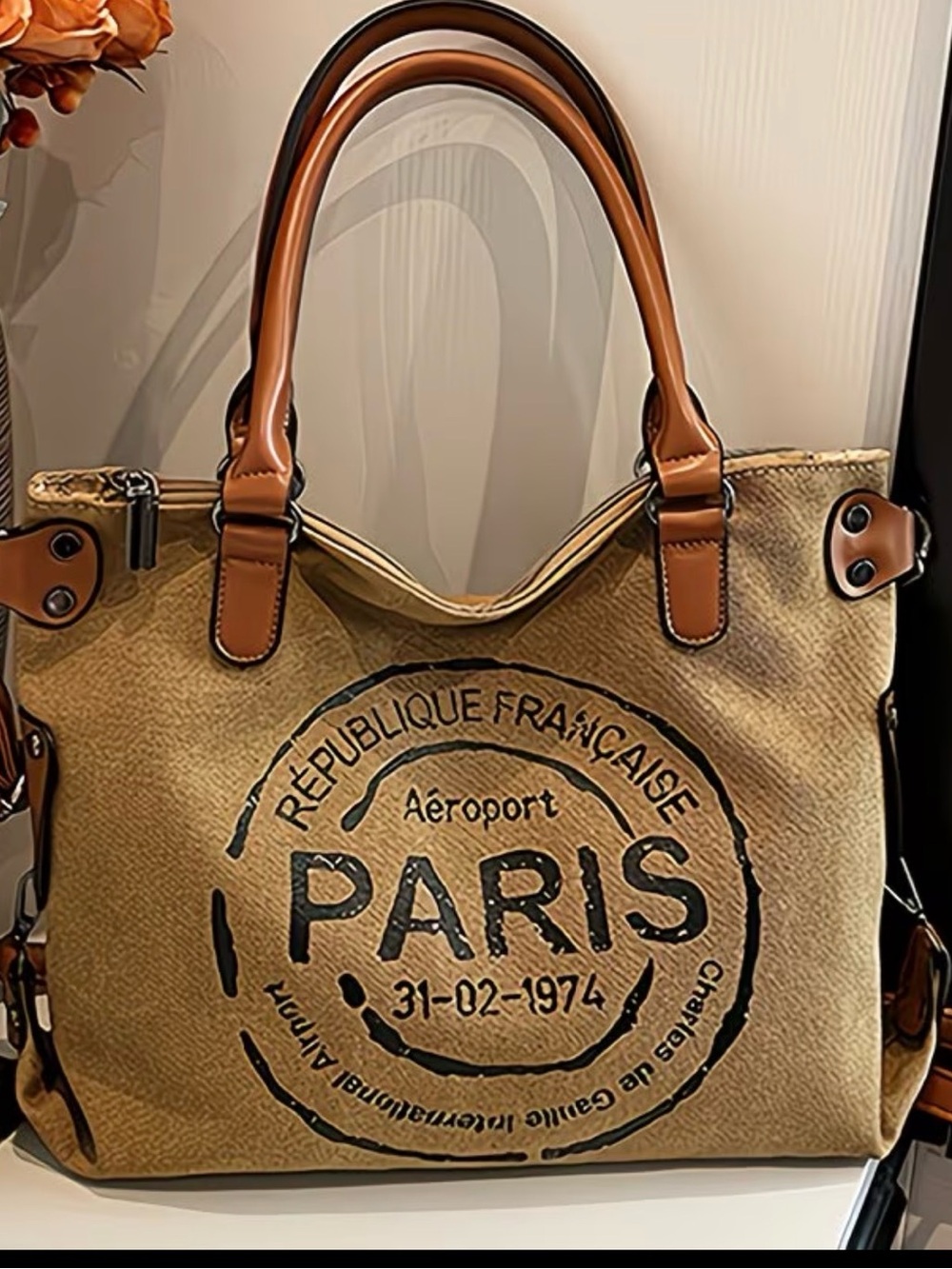 👜 HOST PICK 👜 POSH Refresh 💖Vintage Paris Stamp Tote in Tan with Brown Trim